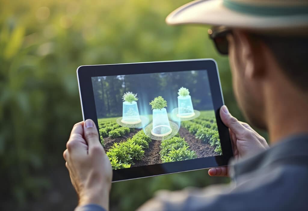 Pessoa usando tablet no campo com projeções digitais de plantas, ilustrando o uso de IA e sustentabilidade na agricultura.