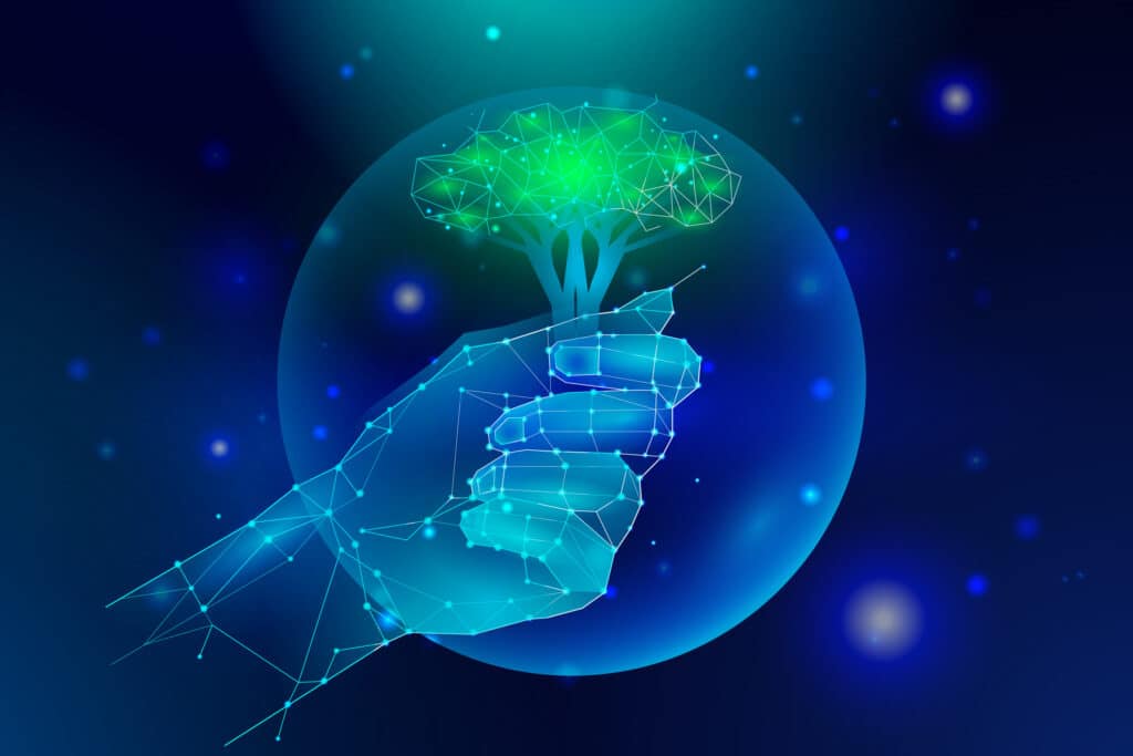 Ilustração digital de uma mão formada por pontos de conexão segurando uma árvore, representando a união entre inteligência artificial e práticas sustentáveis