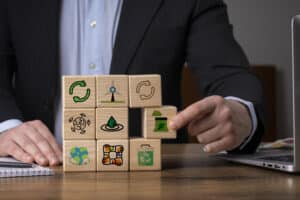 Homem de negócios organizando blocos de madeira com ícones de sustentabilidade e ESG, representando práticas ambientais, sociais e de governança em pequenas empresas.