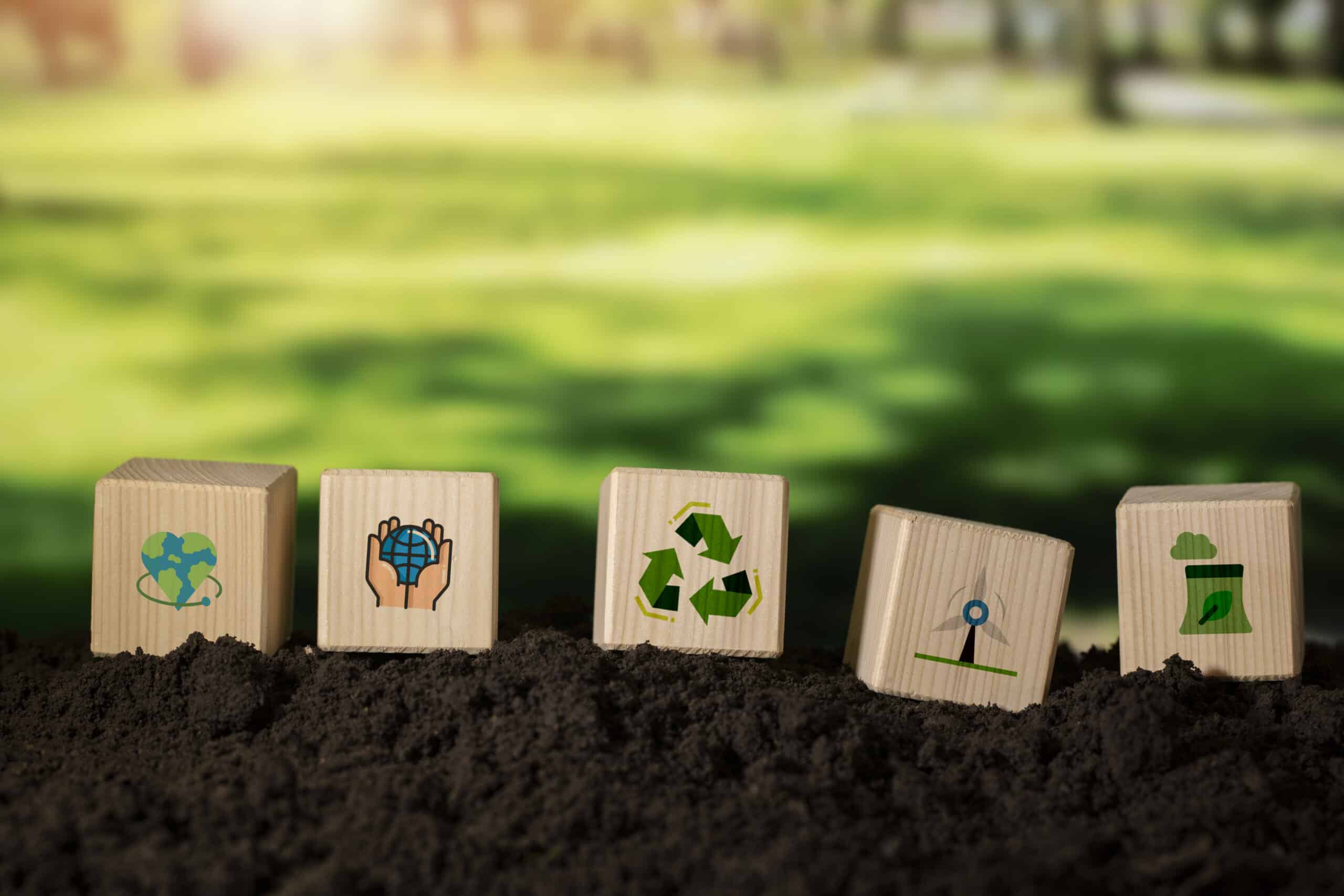 Blocos de madeira com ícones de reciclagem, energia renovável e preservação ambiental simbolizando o debate sobre consumo consciente vs. green consumerism.